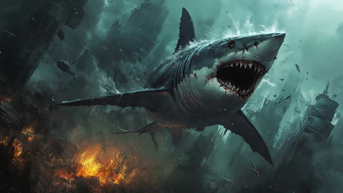 Colossal shark storms a ruined city in moody apocalyptic seas