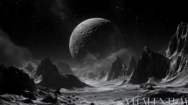 Monochrome alien moon over jagged cratered landscape.