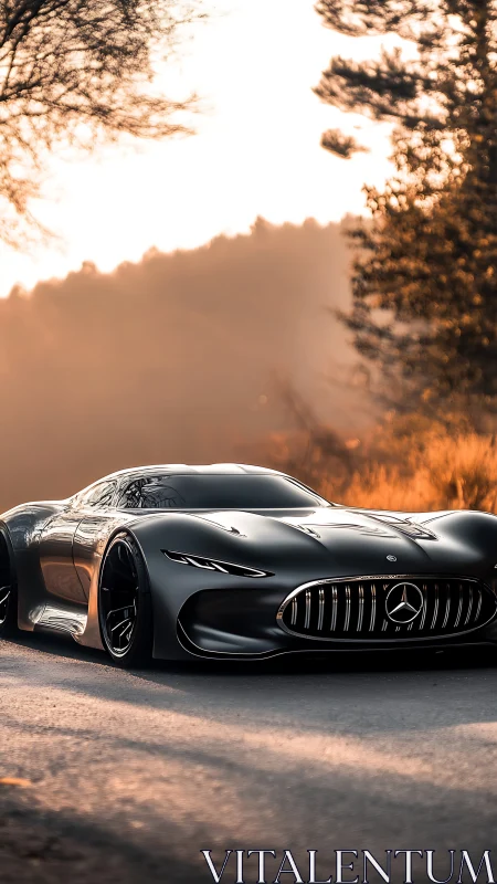 Sleek black Mercedes concept car on sunlit country road.