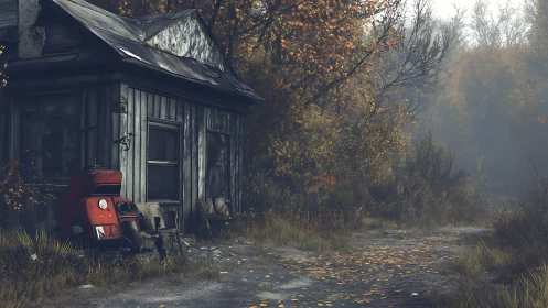 Weathered shack and scooter on a quiet autumn forest road.