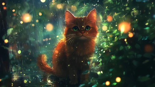 Glowing cat in emerald rain with luminous bokeh.