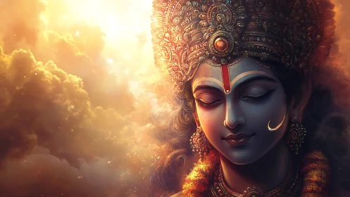 Divine blue-toned deity portrait in radiant golden clouds.