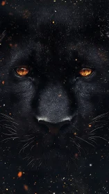Spectral Panther Portrait: Luminous Amber Eyes Against Cosmic Particle Field