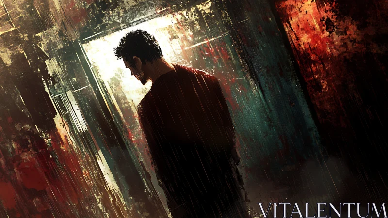 Solitary figure in doorway amid blurred urban colors.