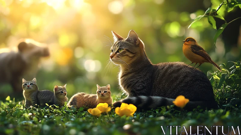 Tabby cat with kittens in garden among flowers and wildlife.