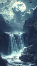 Moonlit torrent beneath stormlit clouds in a dreamlike gorge.