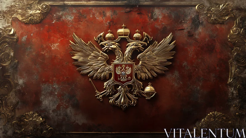 Gold double headed eagle crest on aged red background.