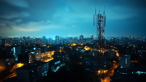 Cell tower dominates blue lit city skyline under night clouds