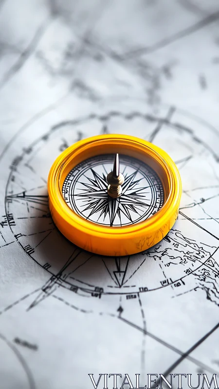 Yellow compass rests on vintage nautical navigation chart.