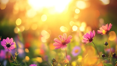 Cosmos flowers with bokeh light effects and blurred background.