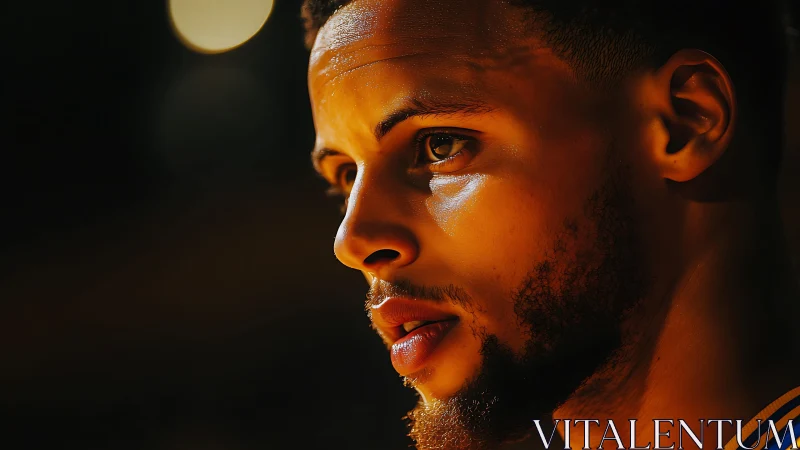Focused basketball player in warm sidelight close-up portrait.