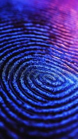 Glowing fingerprint spiral in cozy neon blue and violet light.