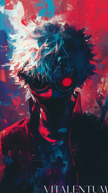 Electric-eyed masked wanderer stands in neon painted shadows