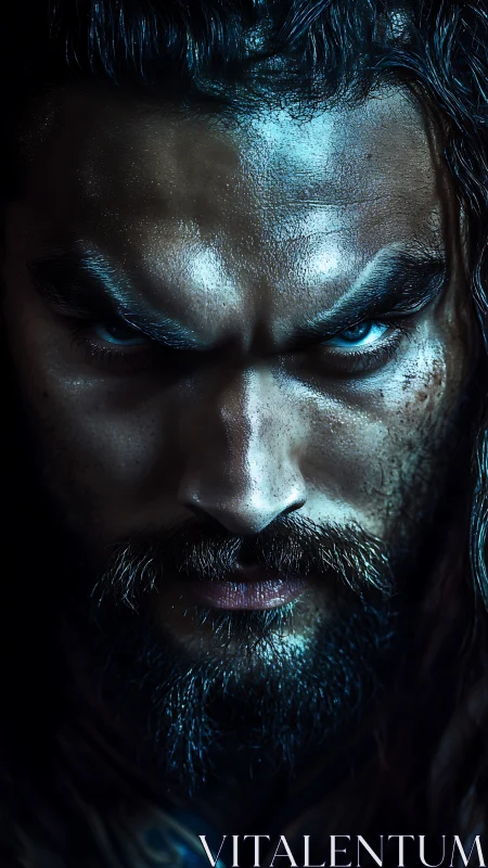 Cinematic close-up portrait renders intense, steely gaze
