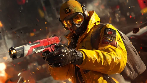 Tactical gunner in yellow hazmat gear amid urban firestorm.