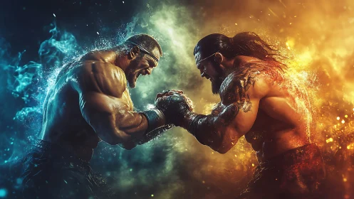 Two male fighters in boxing stance with contrasting elemental effects.