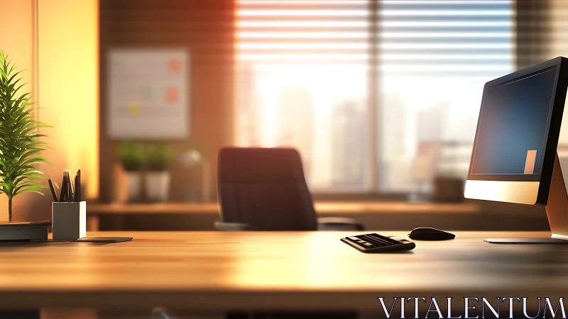 Modern desktop workspace in bright corporate office.