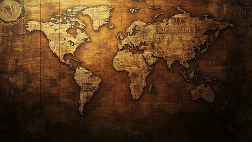 Vintage world map glows in warm textured golden tones