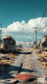 Abandoned tramway cuts through a sunlit post apocalyptic town