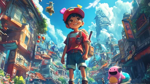 Child in colorful urban fantasy district with creatures.