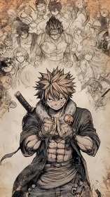 Ink-rendered shonen fighter with ensemble character montage.
