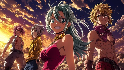 Four anime heroes stand defiant beneath a blazing sunset sky