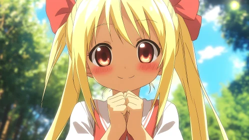 Sunlit twin-tails sparkle with hopeful, blushing delight