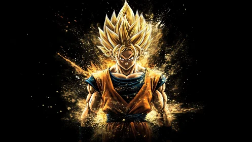 Golden-haired anime warrior ignites a cosmic power storm.