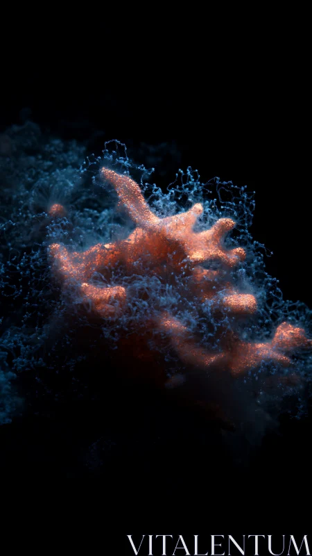 Coral-like orange structure occupies central dark composition