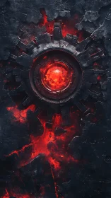 Molten cybernetic core embedded in fractured obsidian shield.