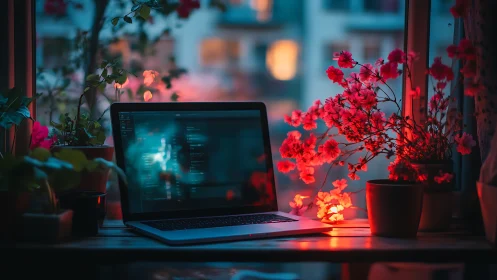 Laptop glows softly amid neon flowers in a twilight workspace