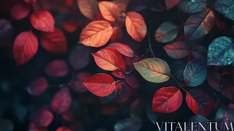 Macro study of red and teal autumn foliage with shallow focus