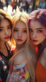 Sunlit street friends sharing a bright close-up moment.