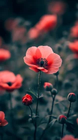 Coral Anemone Bloom Stands Sharp Against Blurred Garden.