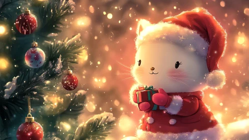 Cute cartoon cat in Santa outfit holding Christmas gift.