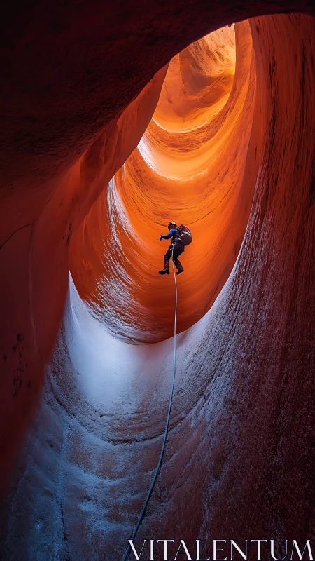 Canyoneer rappels through glowing sandstone slot shaft.