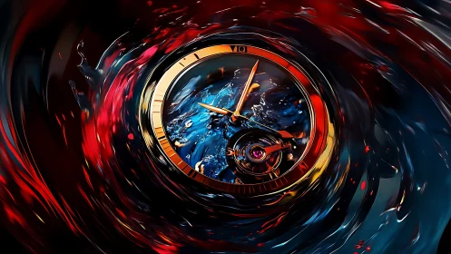 Kinetic gold chronograph swirling through liquid crimson time.