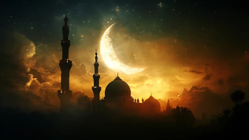 Crescent moon over silhouetted mosque in glowing night sky.