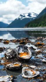 Sunlit seashells resting on a calm mountain shoreline.