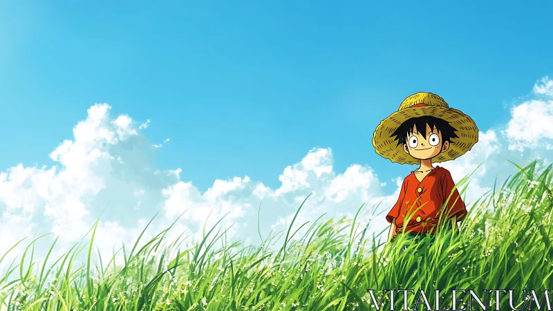 Straw hat child stands in bright summer meadow under sky