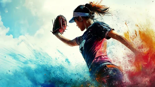 Kinetic digital painting of softball catcher in chromatic motion.