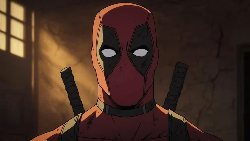 Masked figure with twin swords stands in dim interior space