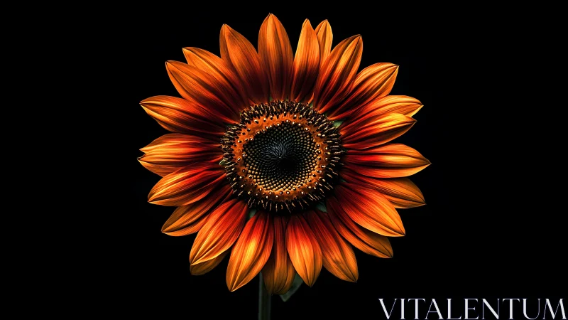 Red and orange sunflower displayed against black background