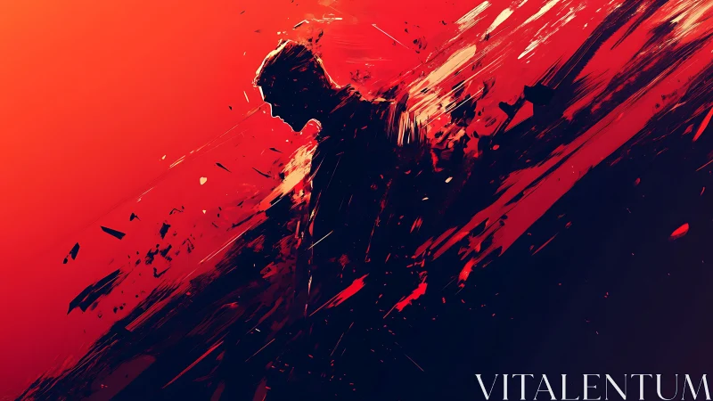 Silhouette in red storm of motion, caught between calm and fire.