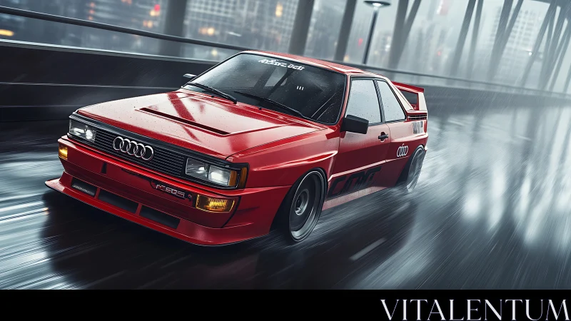 Red rally coupe accelerates through wet urban bridge at speed