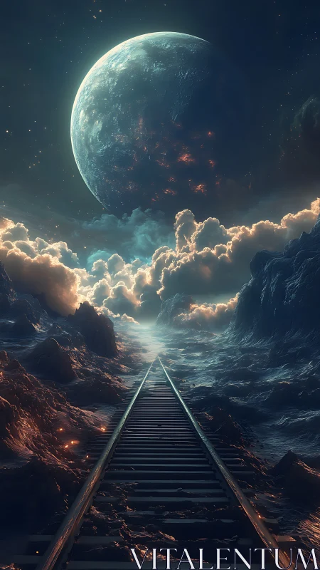 Rail tracks vanish into nebular terrain under enlarged cratered planet