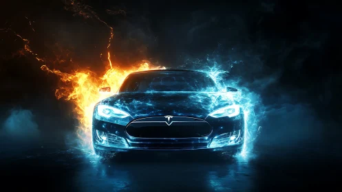 Electric performance sedan split by fire and blue energy.
