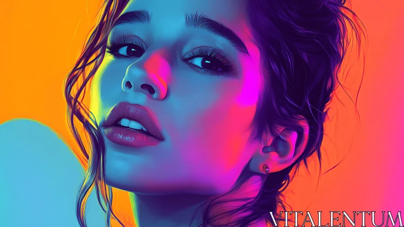 Neon glow muse gazing through electric twilight skies.