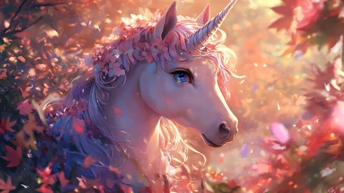 Gentle unicorn in a glowing forest of petals and soft light.