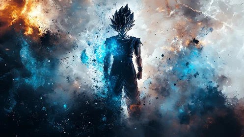 Silhouetted anime fighter in blue and orange energy field.
